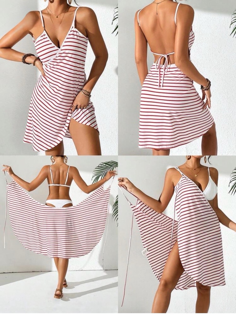 Striped Red and White Tie-Back Swim Cover-Up Dress - Women Swim